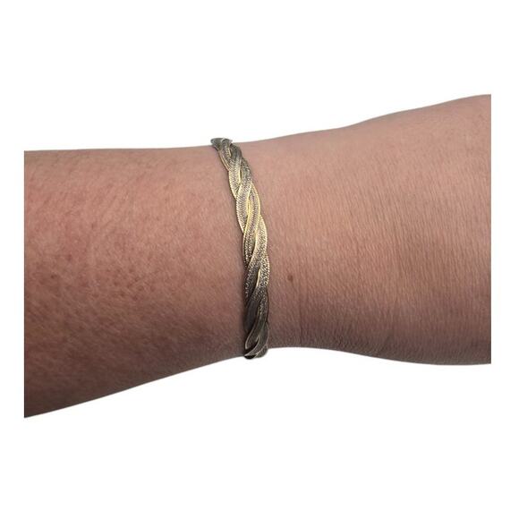 Braided Herringbone Two Tone 925 Italy Silver Etched Design 7" Vintage Bracelet - Picture 1 of 6